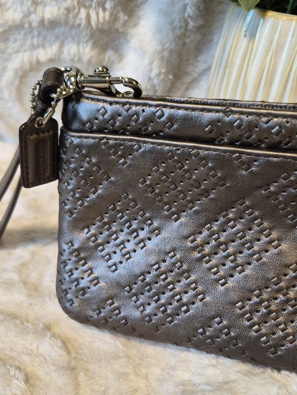 NEW Coach Madison Wristlet Pewter Metallic Woven Leather Wallet Clutch Zip Close